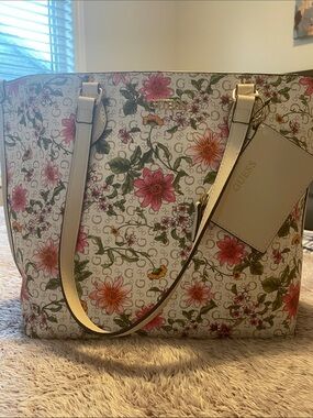 GUESS Floral Print Tote in Cream with Pink and Green Accents